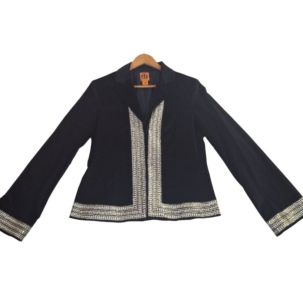 Tory Burch Natasha Velvet Sequin Embellished Blazer Jacket Size 12 Silk Lined